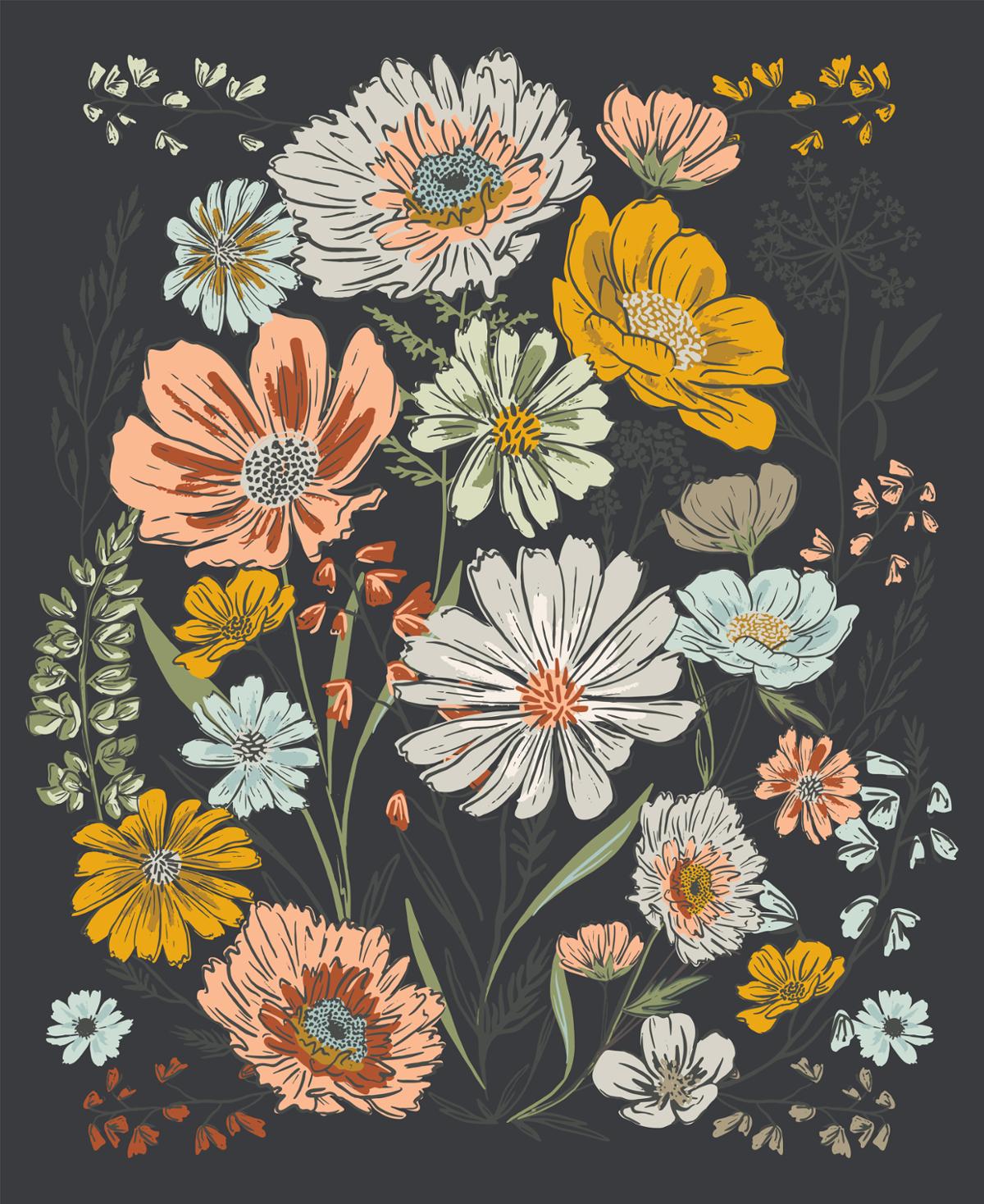 45588-19 Charcoal Woodland Wildflowers Panel